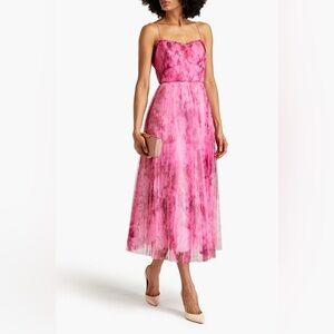 ML MONIQUE LHUILLIER - Floral Pleated Tulle Gown In Super Imposed Flora - Size 4